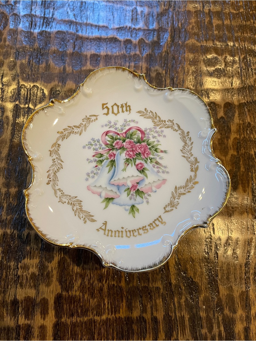 50th Anniversary Decorative Porcelain Cake Stand with Pink Floral Bells